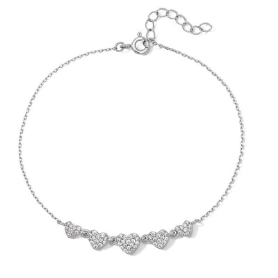 Solid Sterling Silver CZ Pavé Heart Bracelet - 8"