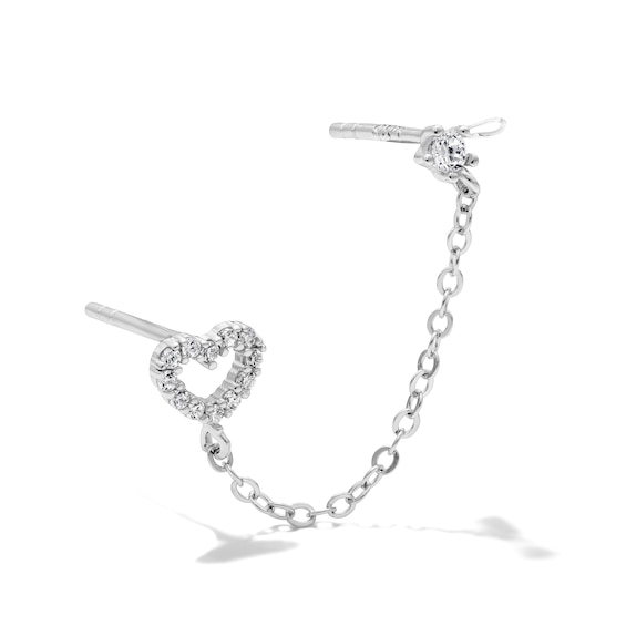 Solid Sterling Silver CZ Round and Heart Chain Stud