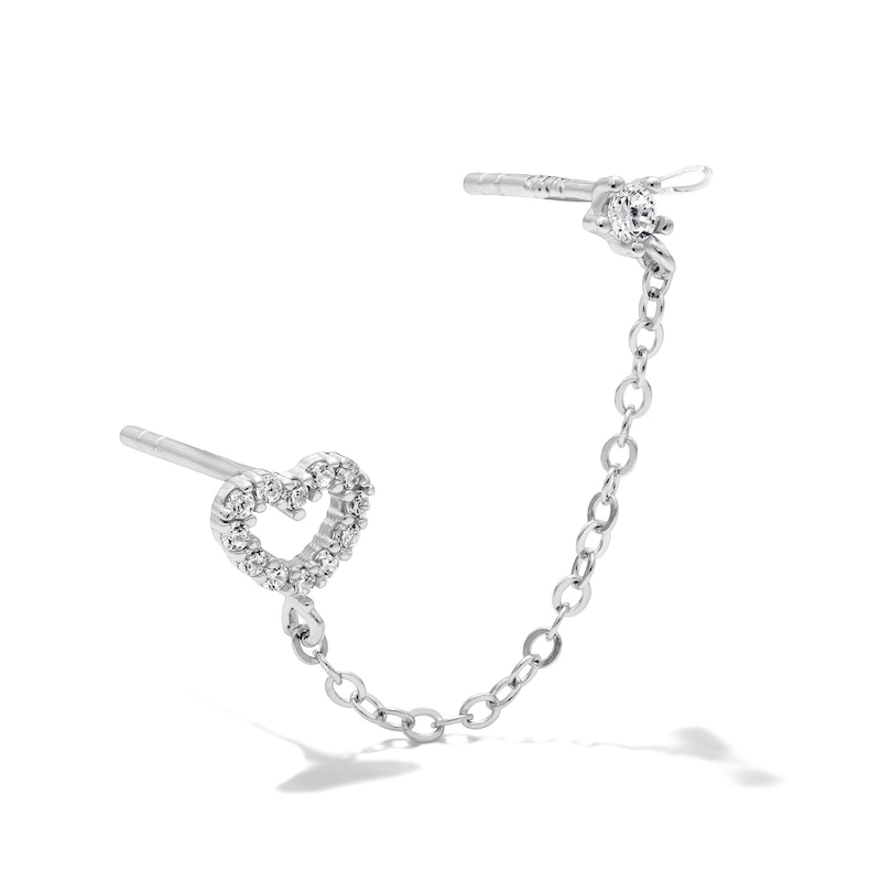 Solid Sterling Silver CZ Round and Heart Chain Stud