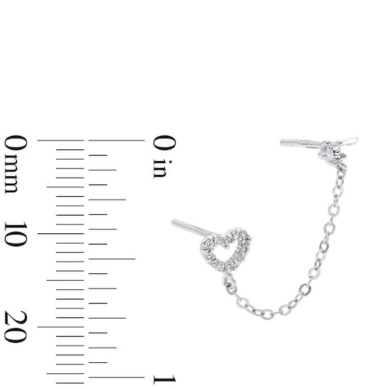 Solid Sterling Silver CZ Round and Heart Chain Stud