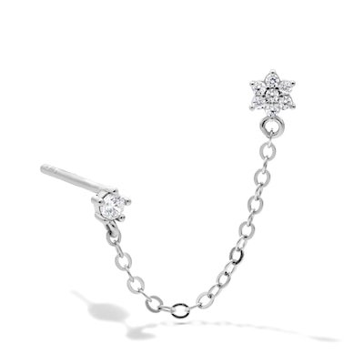 Solid Sterling Silver CZ Round and Flower Chain Stud