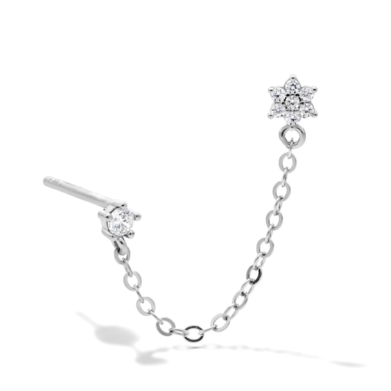 Solid Sterling Silver CZ Round and Flower Chain Stud