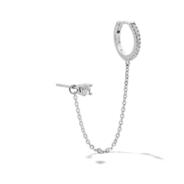 Solid Sterling Silver CZ Soliatire Stud and Huggie Chain Single Earring
