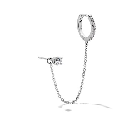 Solid Sterling Silver CZ Soliatire Stud and Huggie with Chain