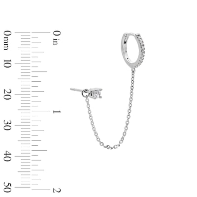 Solid Sterling Silver CZ Soliatire Stud and Huggie with Chain