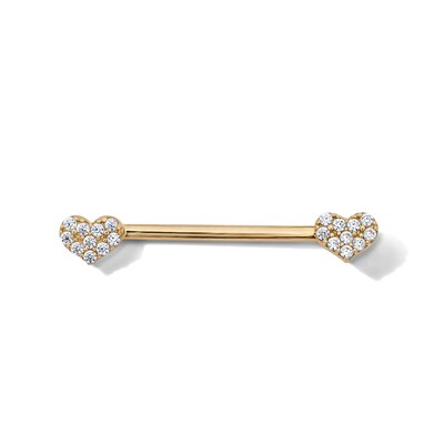 10K Semi-Solid Gold CZ Heart Industrial Barbell - 14G 9/16"