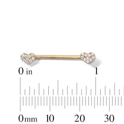 10K Semi-Solid Gold CZ Heart Industrial Barbell - 14G 9/16"