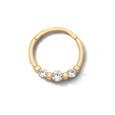 10K Solid Gold CZ Three-Stone Hoop - 16G 3/8"