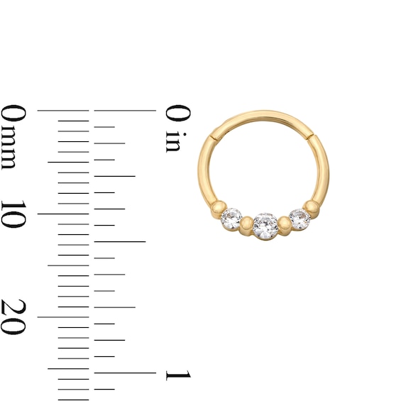 10K Solid Gold CZ Three-Stone Hoop - 16G 3/8"