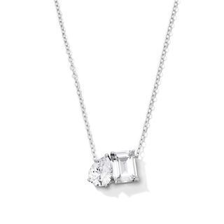 Solid Sterling Silver CZ Toi et Moi Pendant - 18"