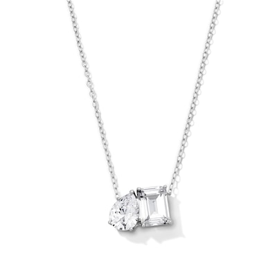 Solid Sterling Silver CZ Toi et Moi Pendant - 18"