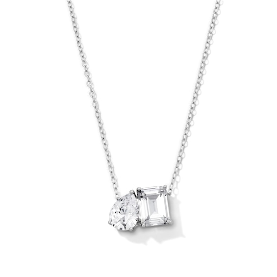 Solid Sterling Silver CZ Toi et Moi Pendant - 18"