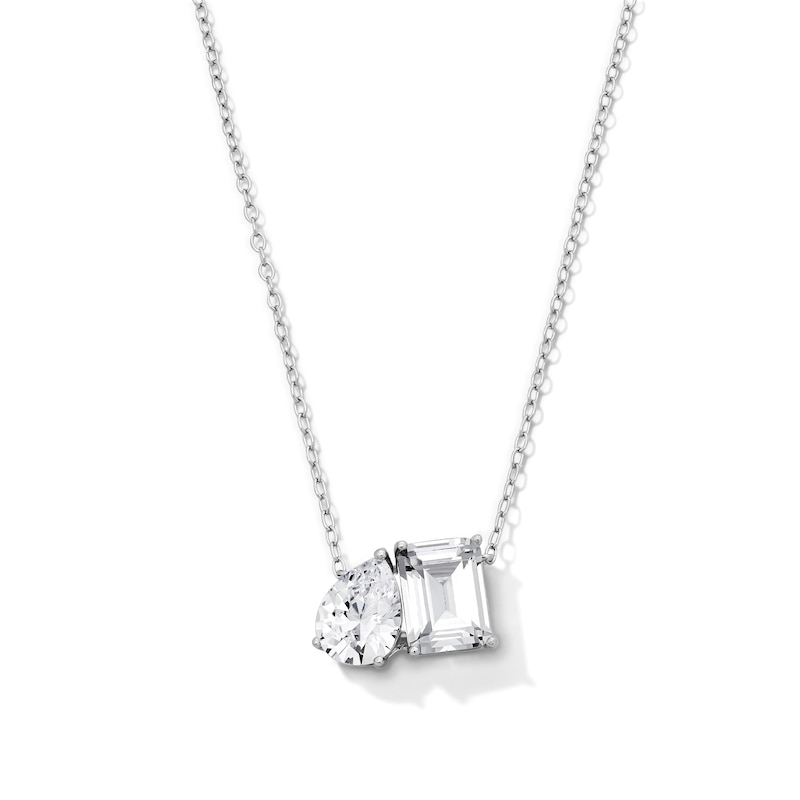Solid Sterling Silver CZ Toi et Moi Pendant - 18"
