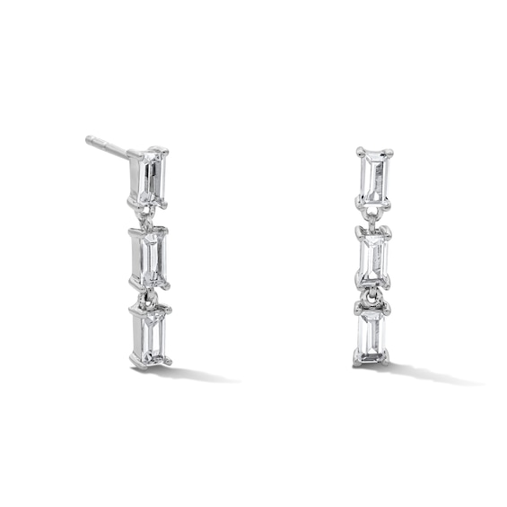 Sterling Silver CZ Baguette Trio Dangle Studs
