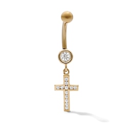 10K Hollow Gold and Yellow Ion-Plated CZ Cross Dangle Belly Ring  - 14G 3/8"