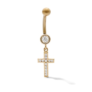 10K Hollow Gold and Yellow Ion-Plated CZ Cross Dangle Belly Ring  - 14G 3/8"