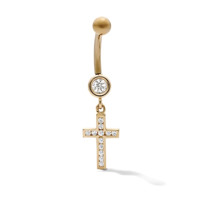 10K Hollow Gold and Yellow Ion-Plated CZ Cross Dangle Belly Ring  - 14G 3/8"