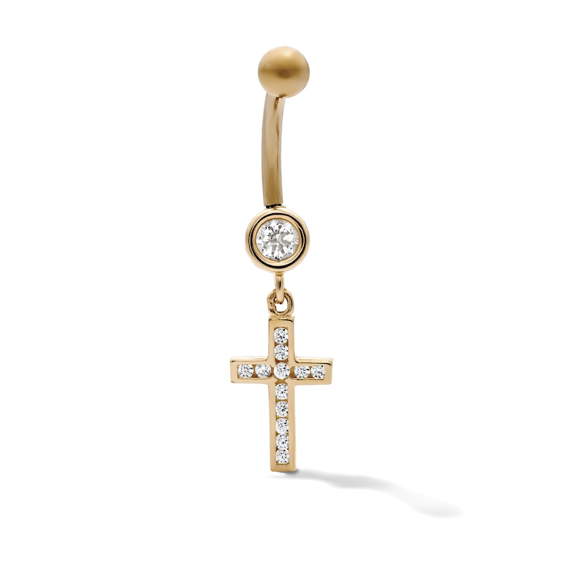 Main Image 1 of 10K Hollow Gold and Yellow Ion-Plated CZ Cross Dangle Belly Ring  - 14G 3/8"