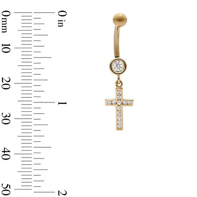 10K Hollow Gold and Yellow Ion-Plated CZ Cross Dangle Belly Ring  - 14G 3/8"