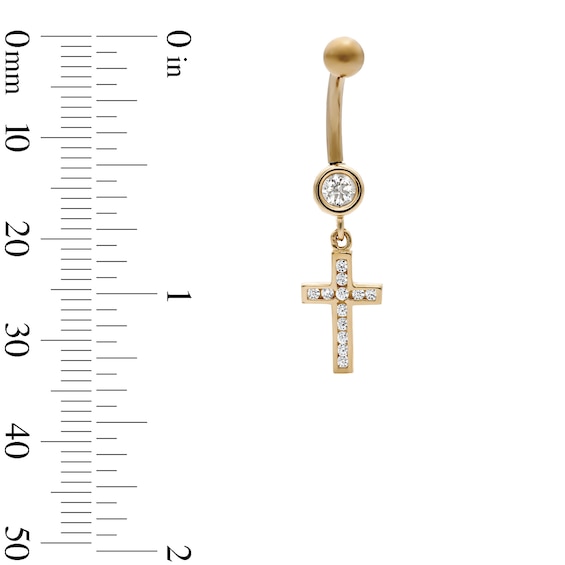 10K Hollow Gold and Yellow Ion-Plated CZ Cross Dangle Belly Ring  - 14G 3/8"
