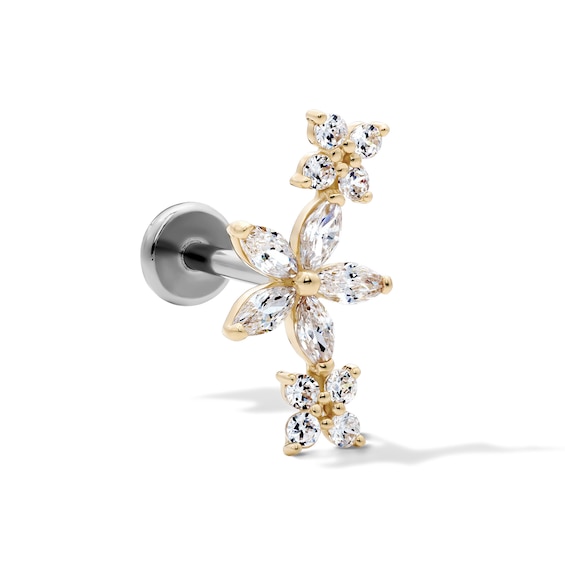 14K Hollow Gold and Titanium CZ Flower Crawler Stud - 18G 5/16"