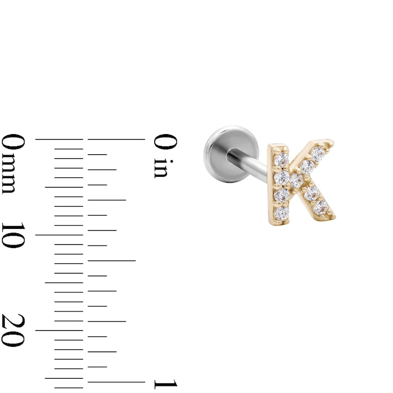 Main Image 2 of 14K Gold and Titanium CZ "K" Initial Stud – 18G 5/16"