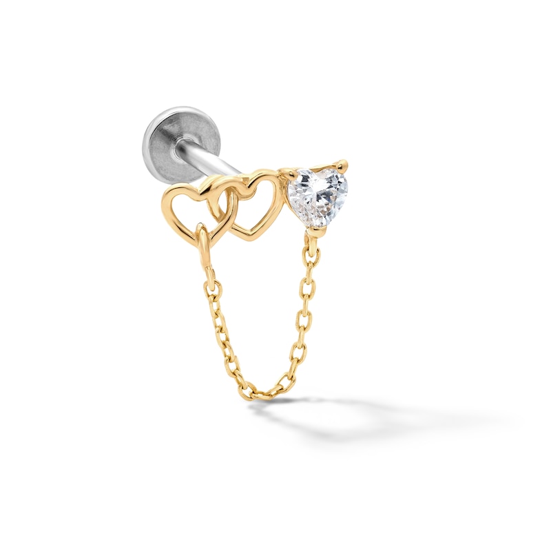 Main Image 1 of 14K Hollow Gold and Titanium CZ Open Heart Bar Chain Stud - 18G 5/16"