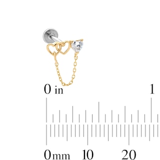 14K Hollow Gold and Titanium CZ Open Heart Bar Chain Stud - 18G 5/16"
