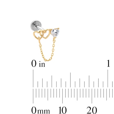 14K Hollow Gold and Titanium CZ Open Heart Bar Chain Stud - 18G 5/16"