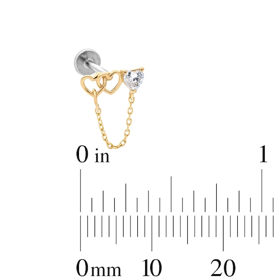 14K Hollow Gold and Titanium CZ Open Heart Bar Chain Stud - 18G 5/16"