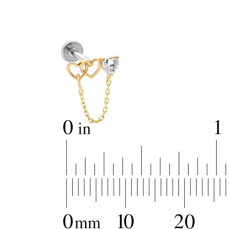 Main Image 2 of 14K Hollow Gold and Titanium CZ Open Heart Bar Chain Stud - 18G 5/16"