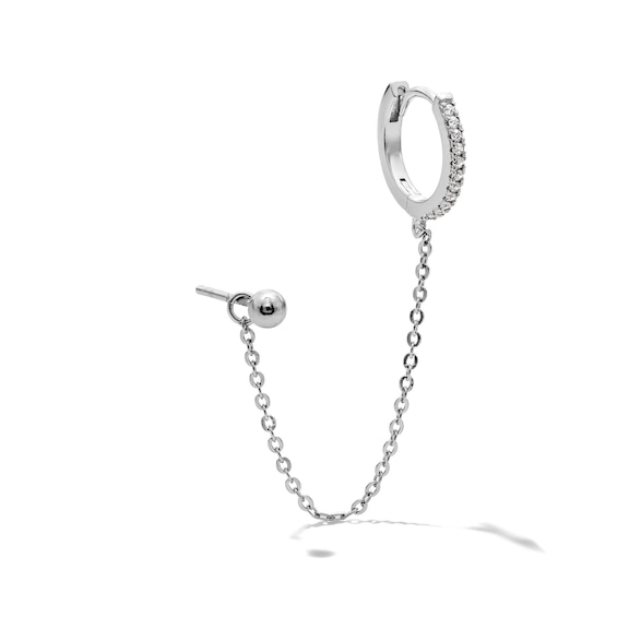 Solid Sterling Silver CZ Ball Stud and Huggie with Chain