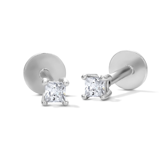 Solid Sterling Silver 2mm CZ Princess-Cut Solitaire Flat Back Studs