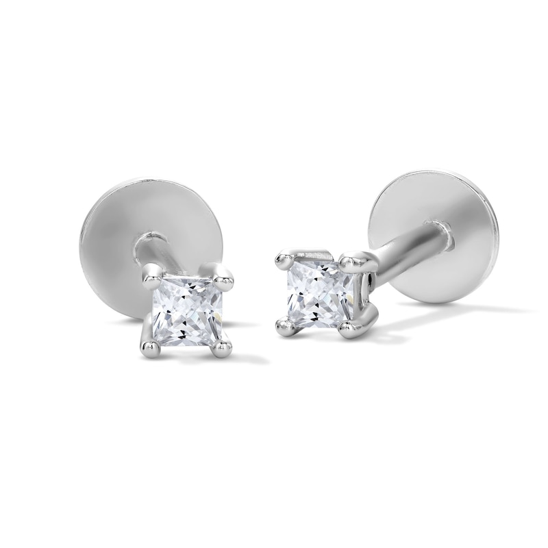 Main Image 1 of Solid Sterling Silver 2mm CZ Princess-Cut Solitaire Flat Back Studs