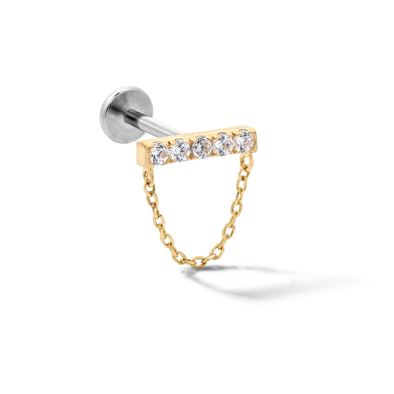 Main Image 1 of 14K Hollow Gold and Titanium CZ Bar Chain Stud - 18G 5/16"