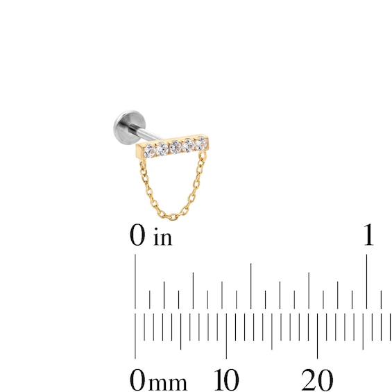 14K Hollow Gold and Titanium CZ Bar Chain Stud - 18G 5/16"