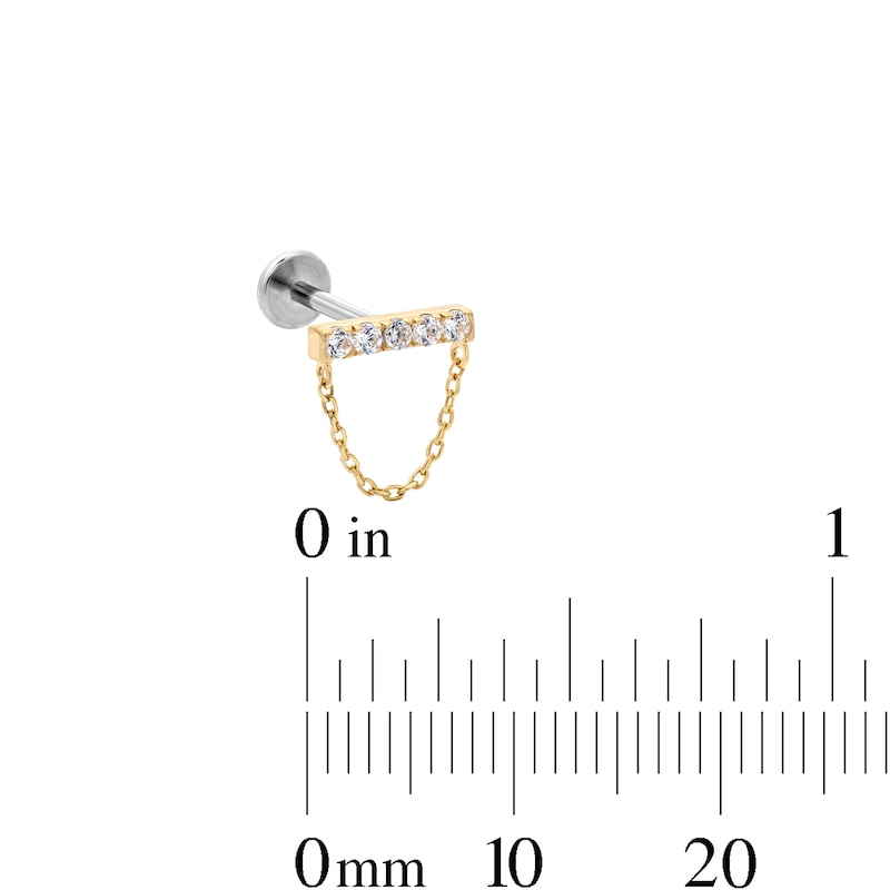 Main Image 2 of 14K Hollow Gold and Titanium CZ Bar Chain Stud - 18G 5/16"