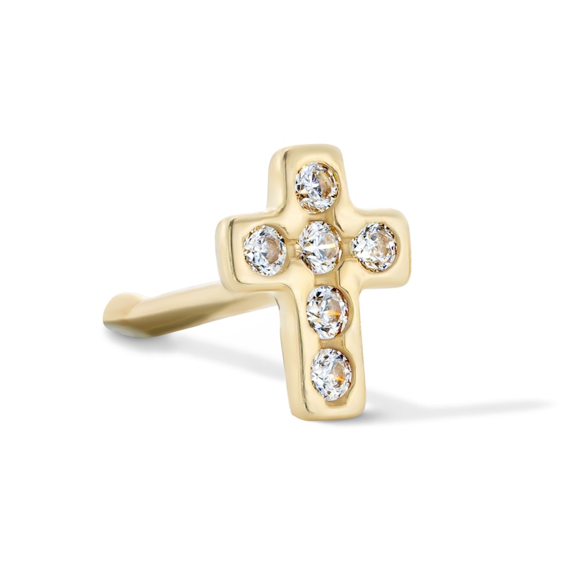 Main Image 1 of 10K Solid Gold CZ Cross Bone-Style Nose Stud - 22G 1/4"