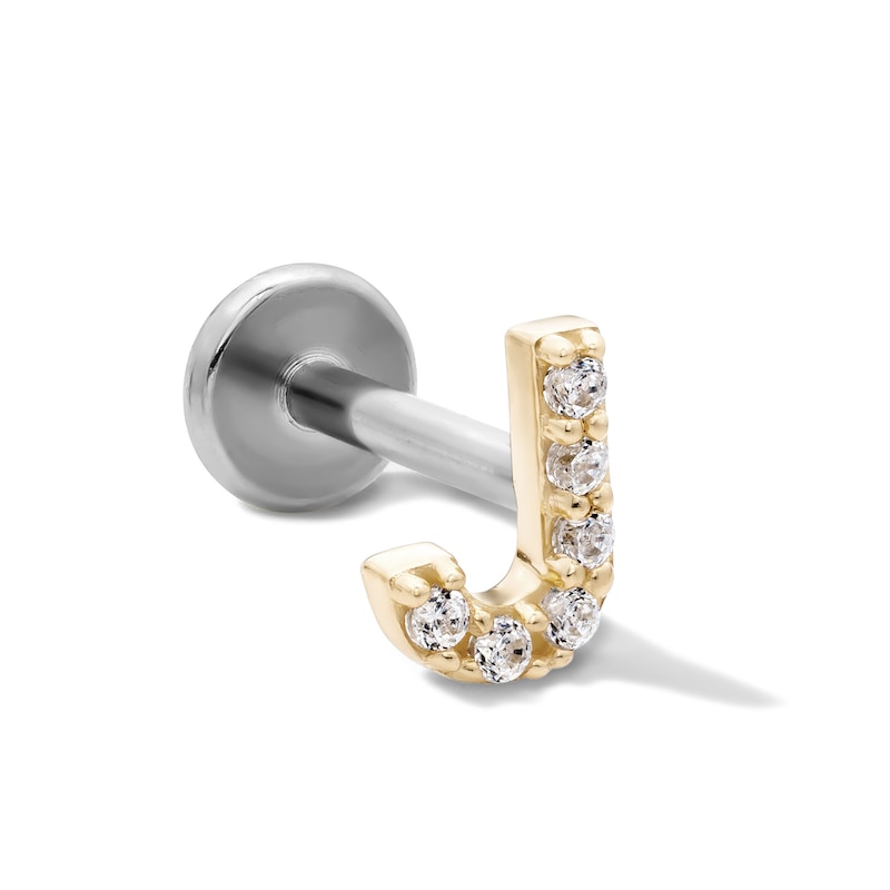 Main Image 1 of 14K Gold and Titanium CZ "J" Initial Stud – 18G 5/16"