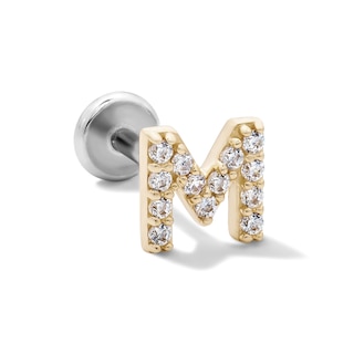 14K Gold and Titanium CZ "M" Initial Stud – 18G 5/16"