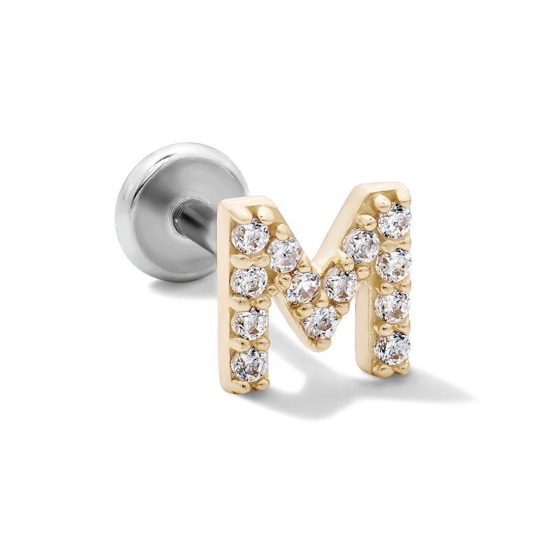 Main Image 1 of 14K Gold and Titanium CZ "M" Initial Stud – 18G 5/16"