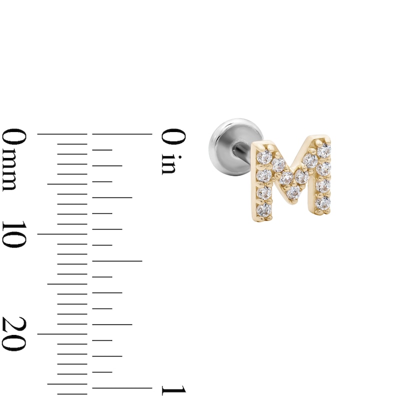 Main Image 2 of 14K Gold and Titanium CZ "M" Initial Stud – 18G 5/16"
