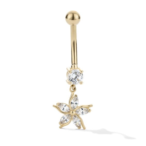10K Hollow Gold and Yellow Ion-Plated CZ Flower Dangle Belly Ring - 14G 3/8"