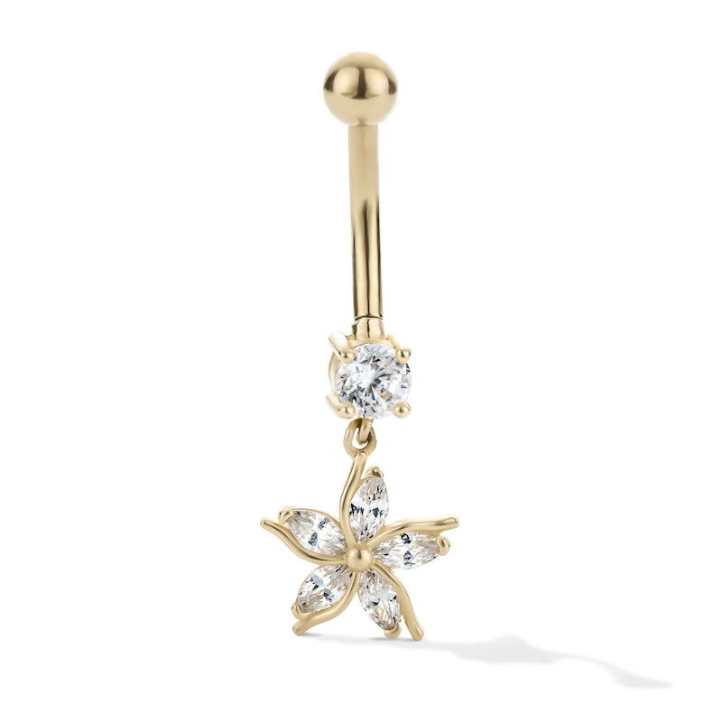 Main Image 1 of 10K Hollow Gold and Yellow Ion-Plated CZ Flower Dangle Belly Ring - 14G 3/8"