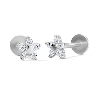 Solid Sterling Silver CZ Flower Flat Back Studs