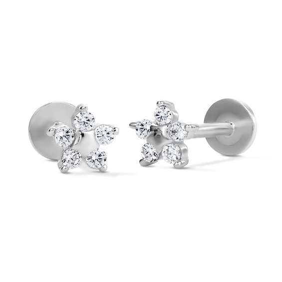 Solid Sterling Silver CZ Flower Flat Back Studs