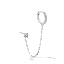 Solid Sterling Silver CZ Flower Stud and Huggie Chain Single Earring