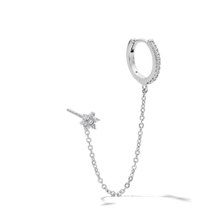 Solid Sterling Silver CZ Flower Stud and Huggie with Chain