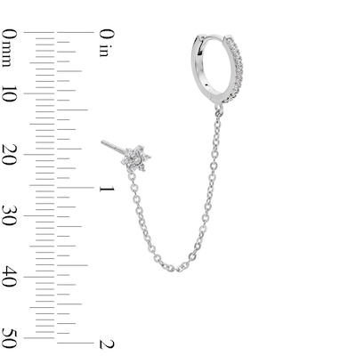 Solid Sterling Silver CZ Flower Stud and Huggie with Chain