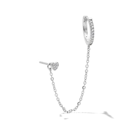 Solid Sterling Silver CZ Heart Stud and Huggie Chain Single Earring